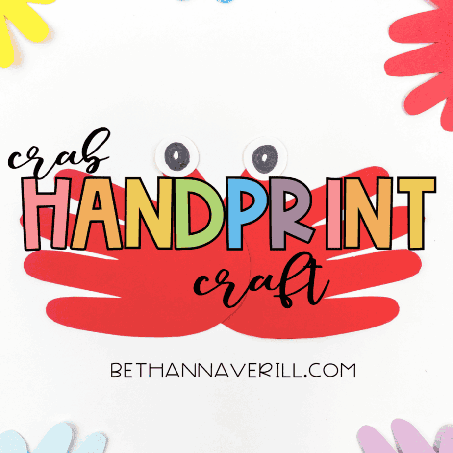 Promotional image with colorful “Crab Handprint Craft” text and playful paper accents