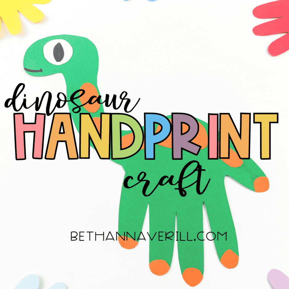 Promotional image of the finished dinosaur handprint craft with title text