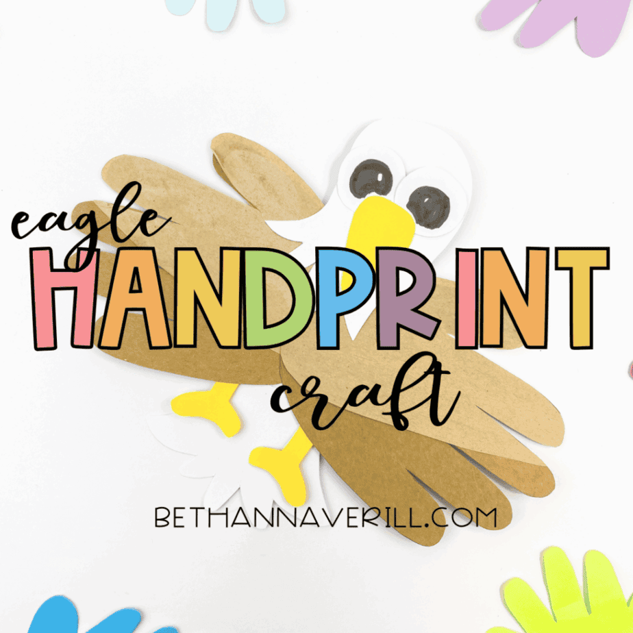 Title image for eagle handprint craft with playful colorful text overlay