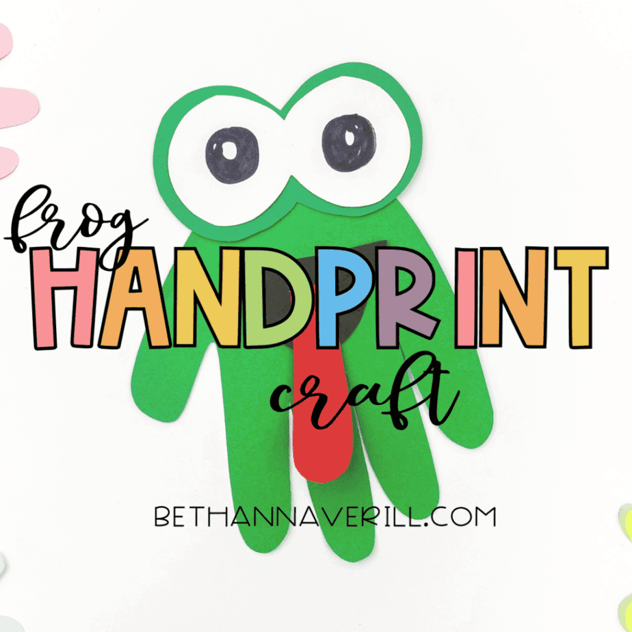 Title image: “Frog Handprint Craft” with colorful letters and frog craft underneath