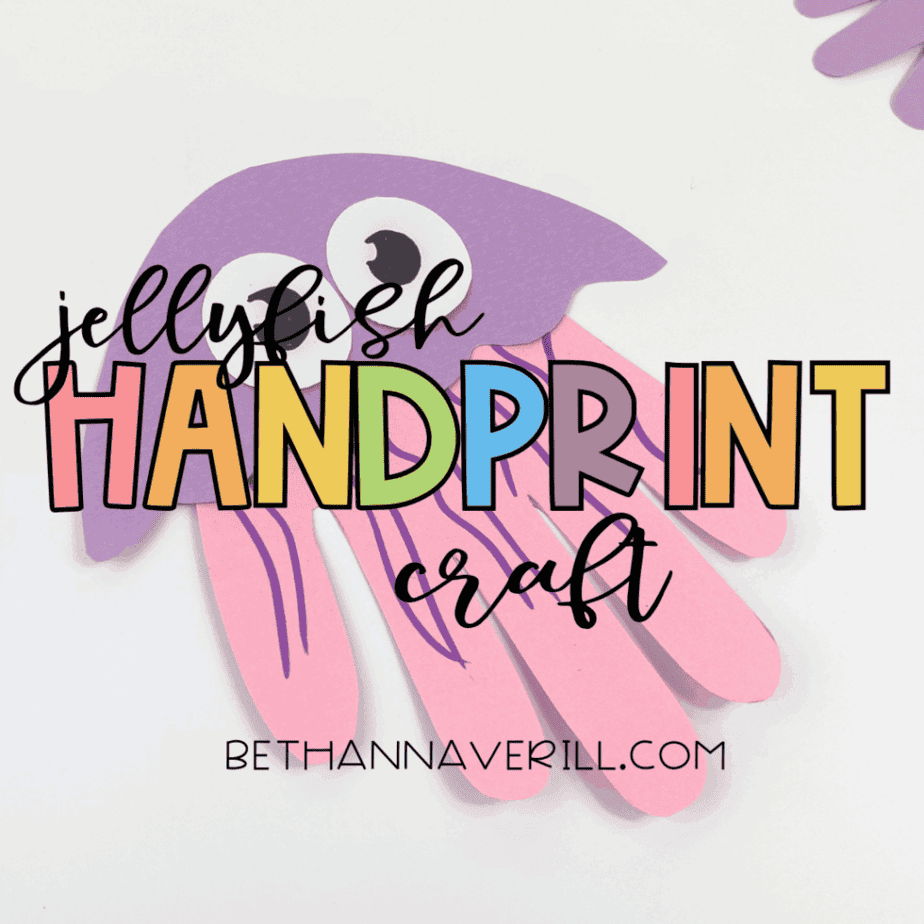 Title image showing completed jellyfish handprint craft with “Jellyfish Handprint Craft” text overlay