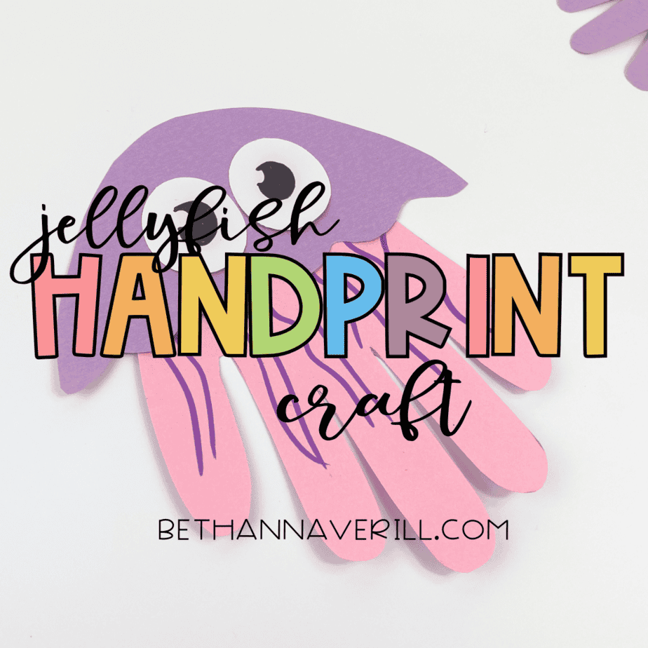 Title image showing completed jellyfish handprint craft with “Jellyfish Handprint Craft” text overlay
