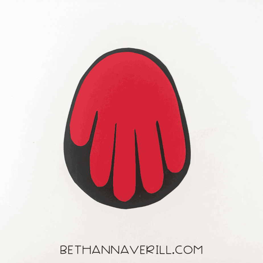 Red handprint glued onto large black body shape