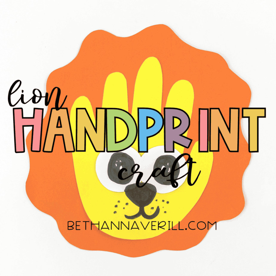 Final lion handprint craft with bold, fun text overlay saying "Lion Handprint Craft."
