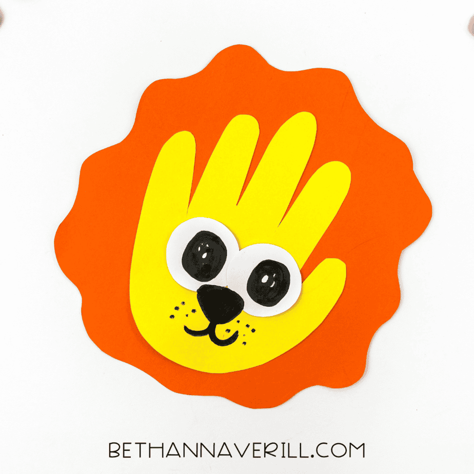 Close-up of finished lion handprint craft with mane.