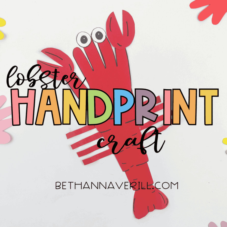 Finished lobster handprint craft with antennae, title overlay, and colorful background.