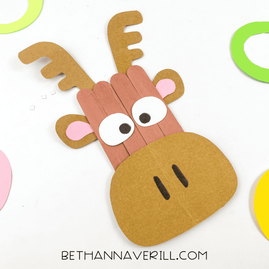 Finished moose popsicle stick craft with all details complete.
