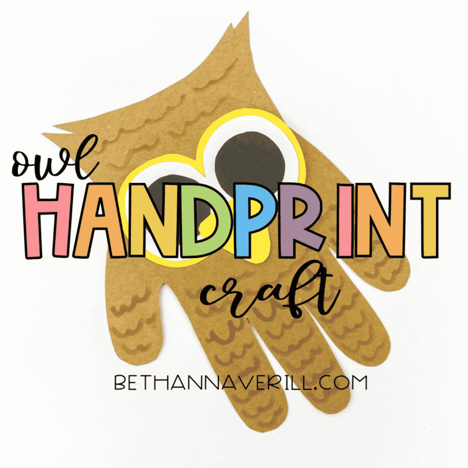 Promotional image with text “Owl Handprint Craft” over the finished project