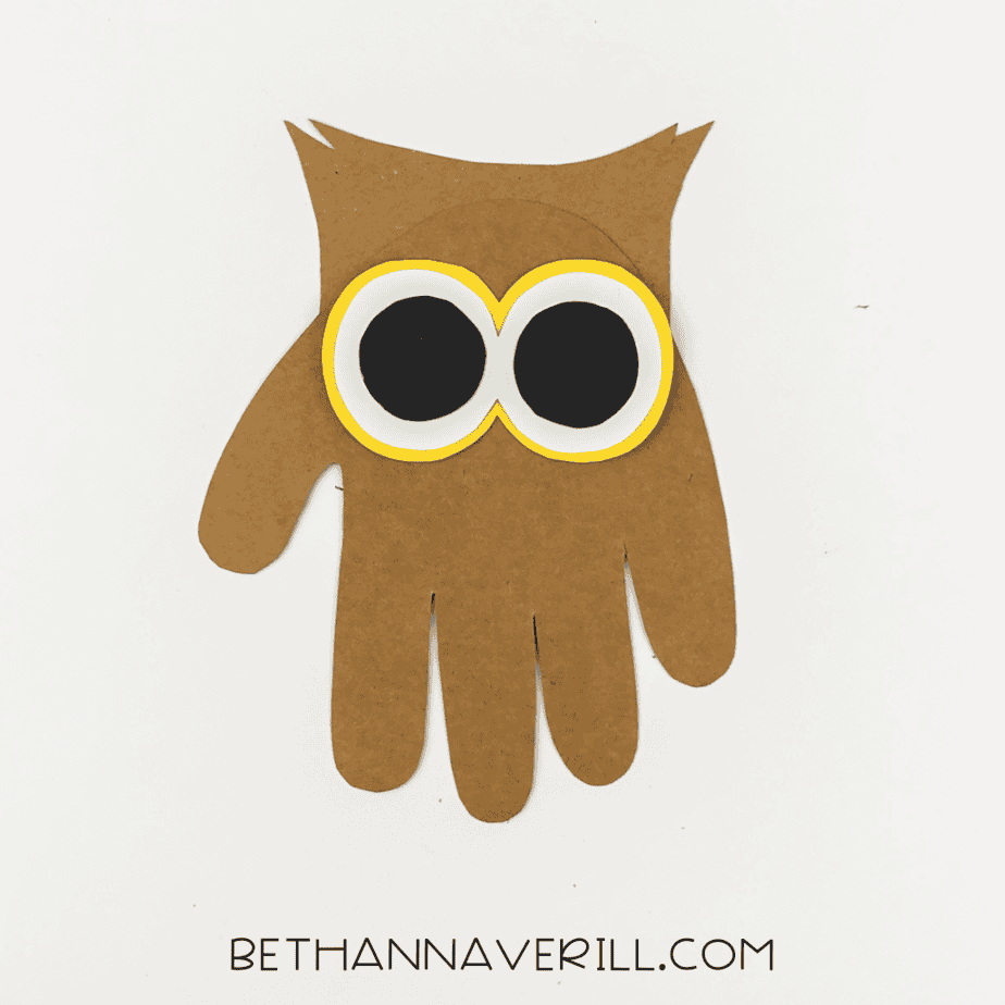 Eyes glued onto the front of the owl handprint