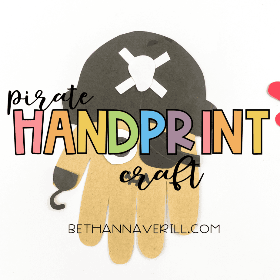 Promotional image with “Pirate Handprint Craft” text overlay on finished craft.