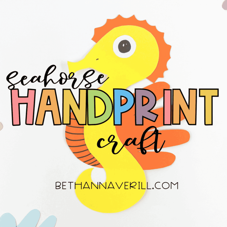 Promotional image of seahorse handprint craft with text overlay.