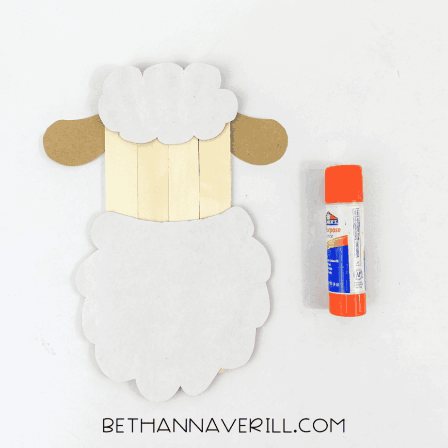 Assembled sheep with glued-on head and body fluff and ears