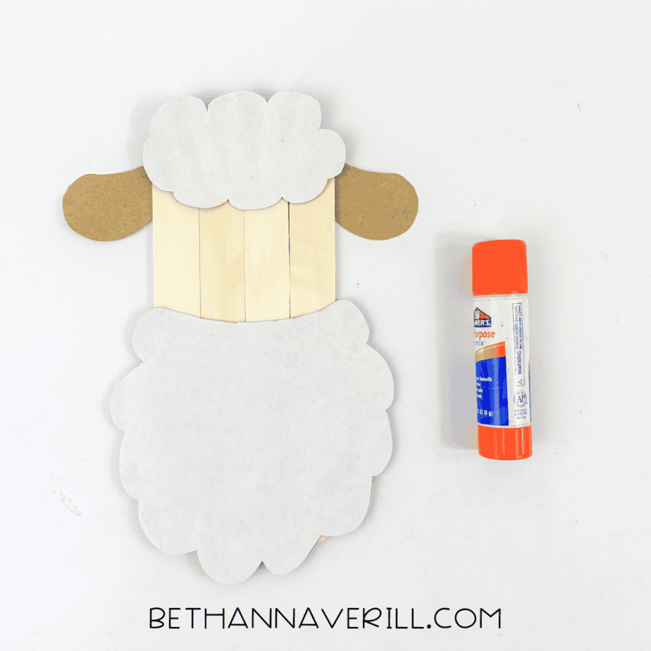 Assembled sheep with glued-on head and body fluff and ears