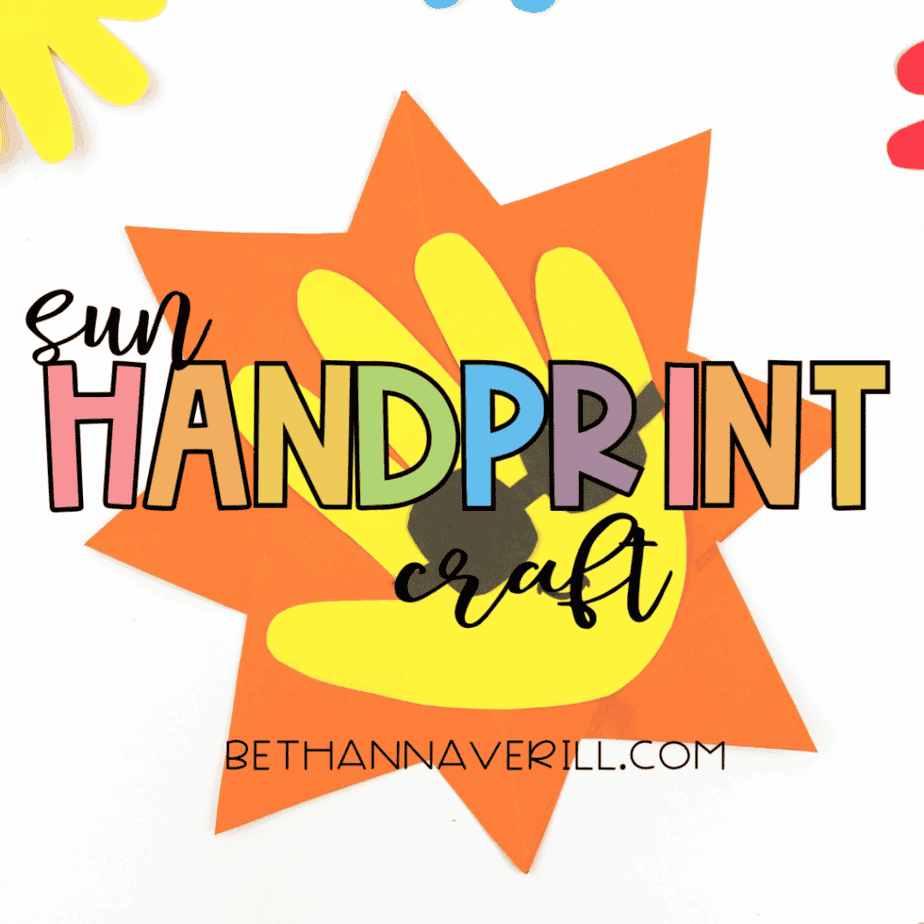Title image of the sun handprint craft labeled "Sun Handprint Craft" from BethannAverill.com