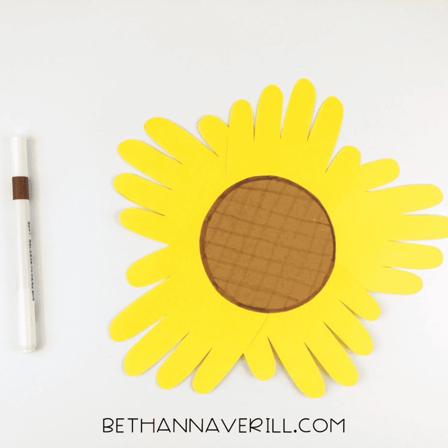 Brown sunflower center with grid detail drawn using a marker