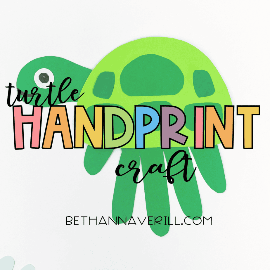 Promotional image of finished turtle handprint craft with colorful “Handprint Craft” title.
