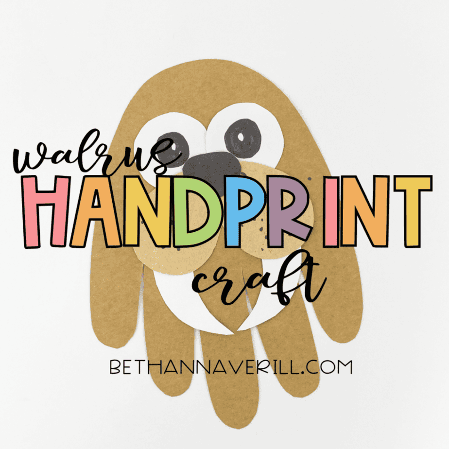 Title image with text "Walrus Handprint Craft" overlaid on the finished craft.