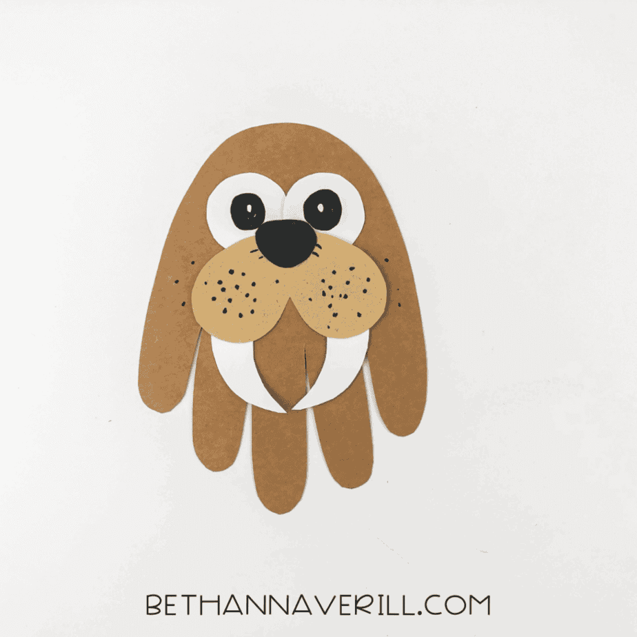 walrus face with black dots and whiskers drawn on cheeks.