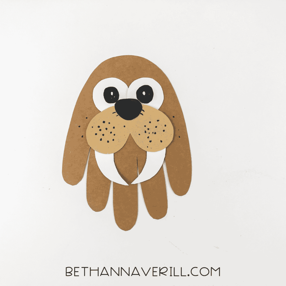 walrus face with black dots and whiskers drawn on cheeks.