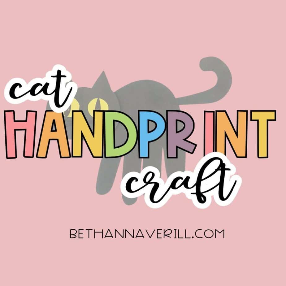 “Cat Handprint Craft” is written in playful, colorful letters over a black cat shape made from a child’s handprint on a pink background. Promotes a Halloween craft for kids.