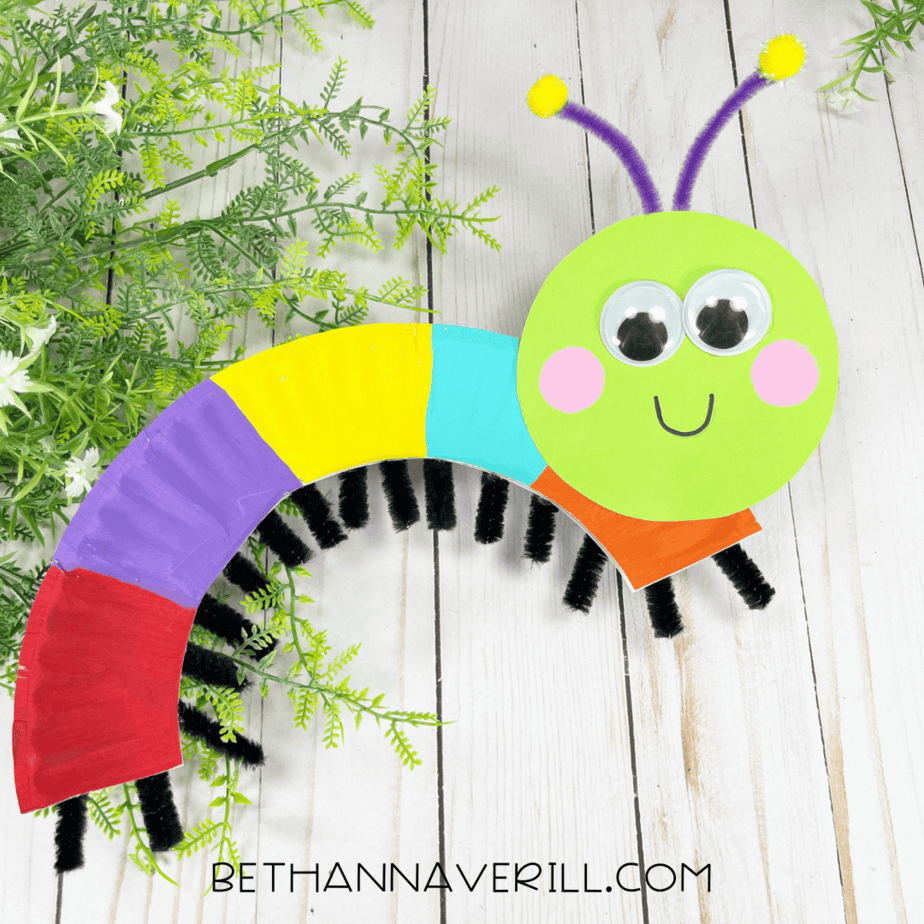 Colorful paper plate caterpillar displayed on a white wood surface with greenery accents.
