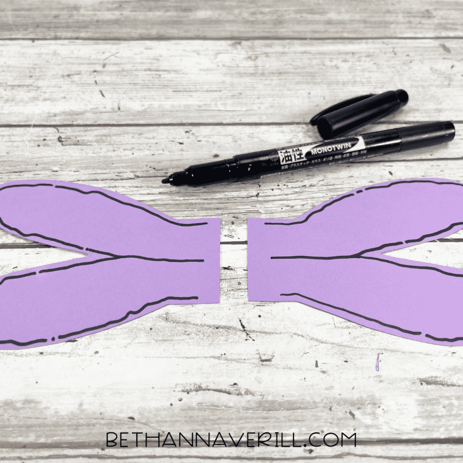 Purple dragonfly wings outlined in black marker for detail.