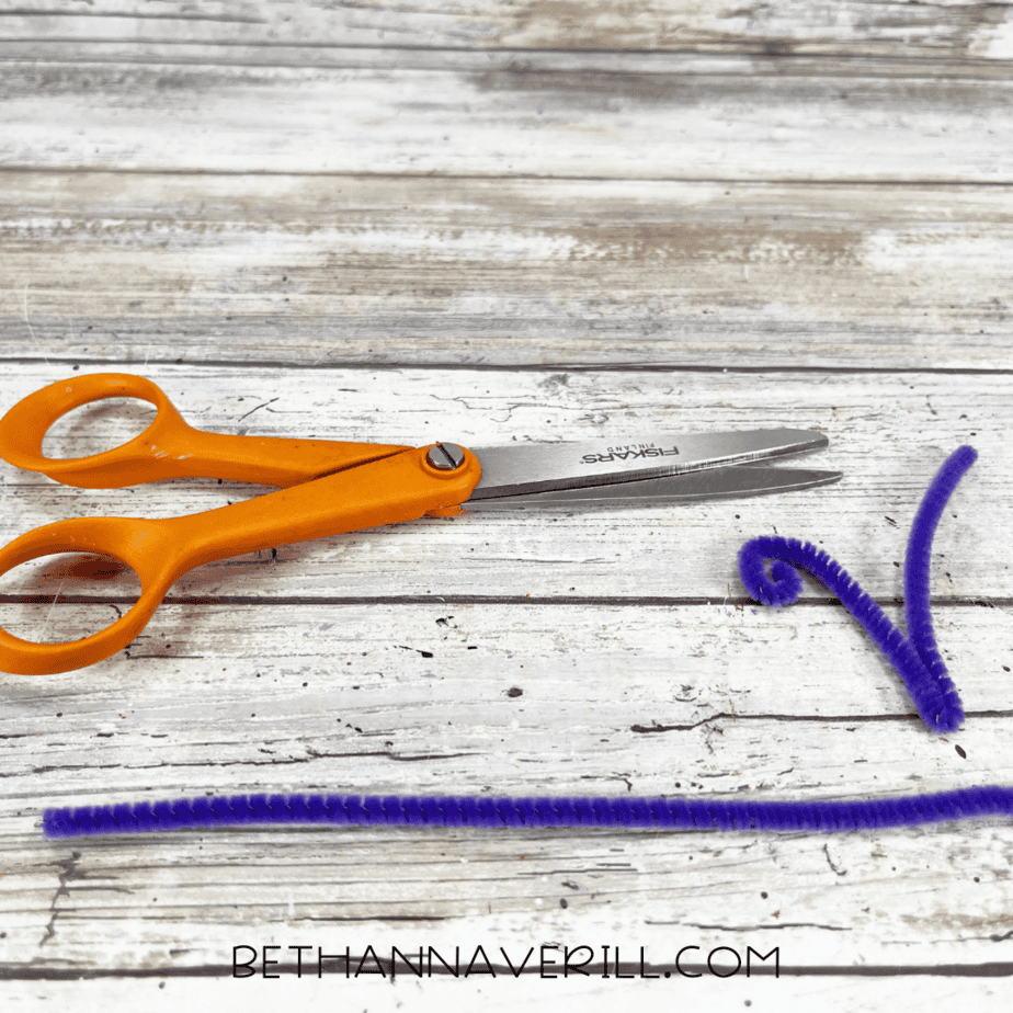 Purple pipe cleaner cut and curled to make dragonfly antennae.