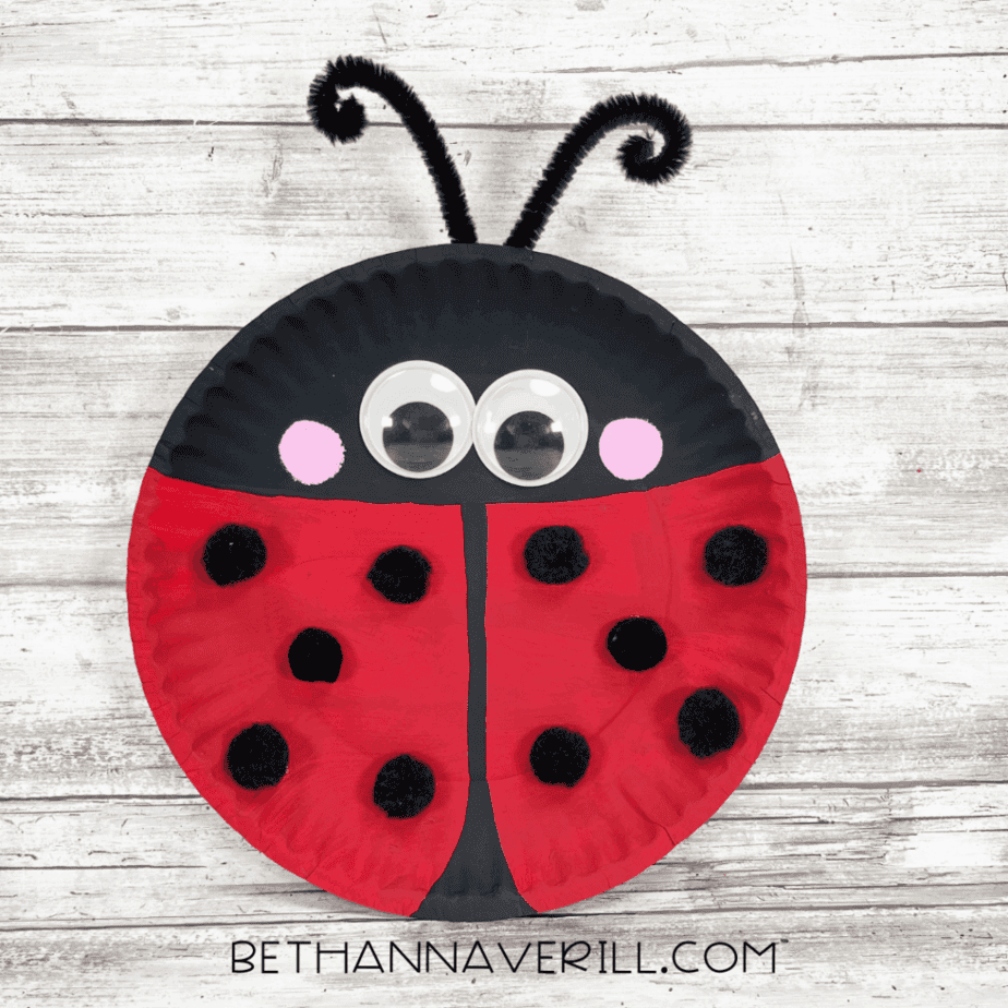 Completed paper plate ladybug craft with pom-pom spots and curly antennae.