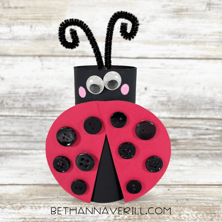 Finished ladybug paper roll craft with googly eyes, pink cheeks, button wings, and curled antennae.