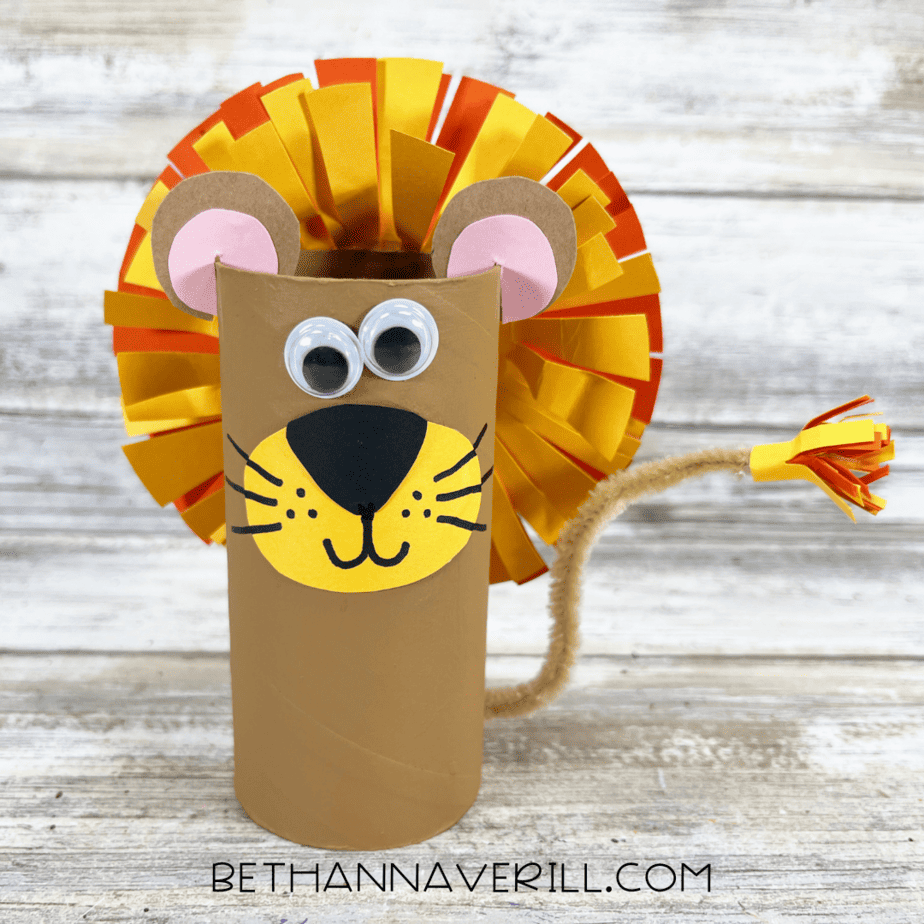 Finished lion paper roll craft with mane, tail, and face details.
