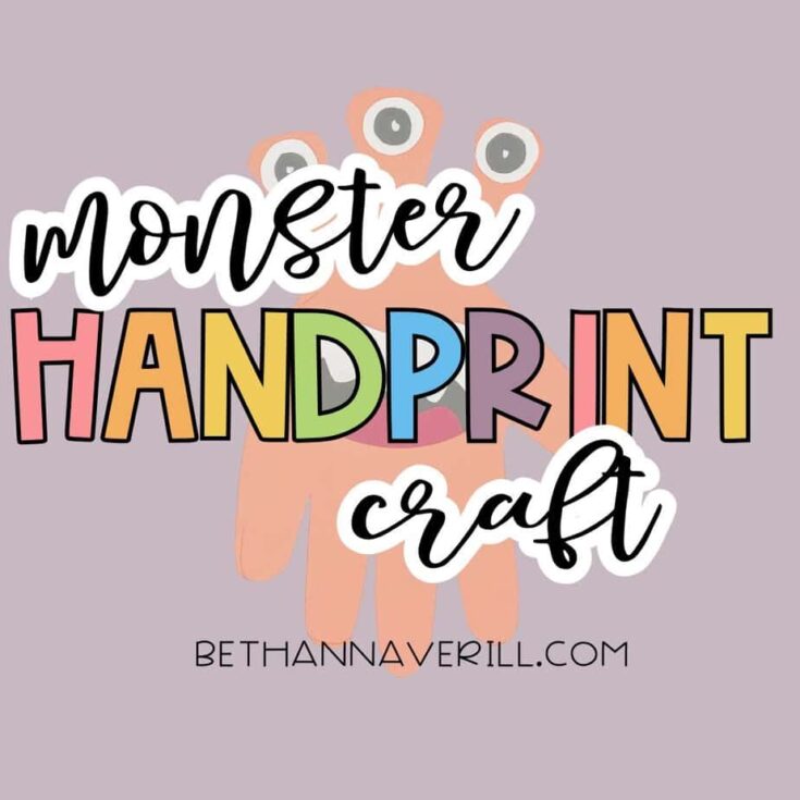 “Monster Handprint Craft” is written in playful, colorful lettering over an orange handprint transformed into a silly monster with googly eyes and a toothy grin. Set against a lavender background, this Halloween-themed kids' craft is from bethannaverill.com.