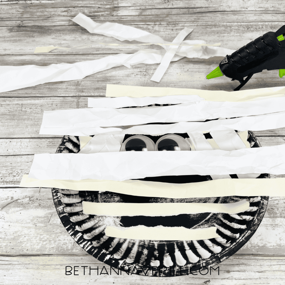 White paper strips glued across the plate, partially covering the eyes.