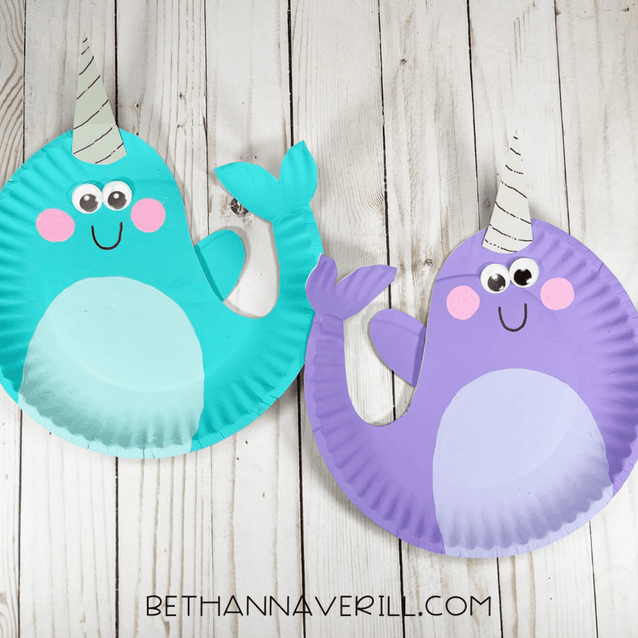 Final narwhal craft with painted body, googly eyes, cheeks, and horn.