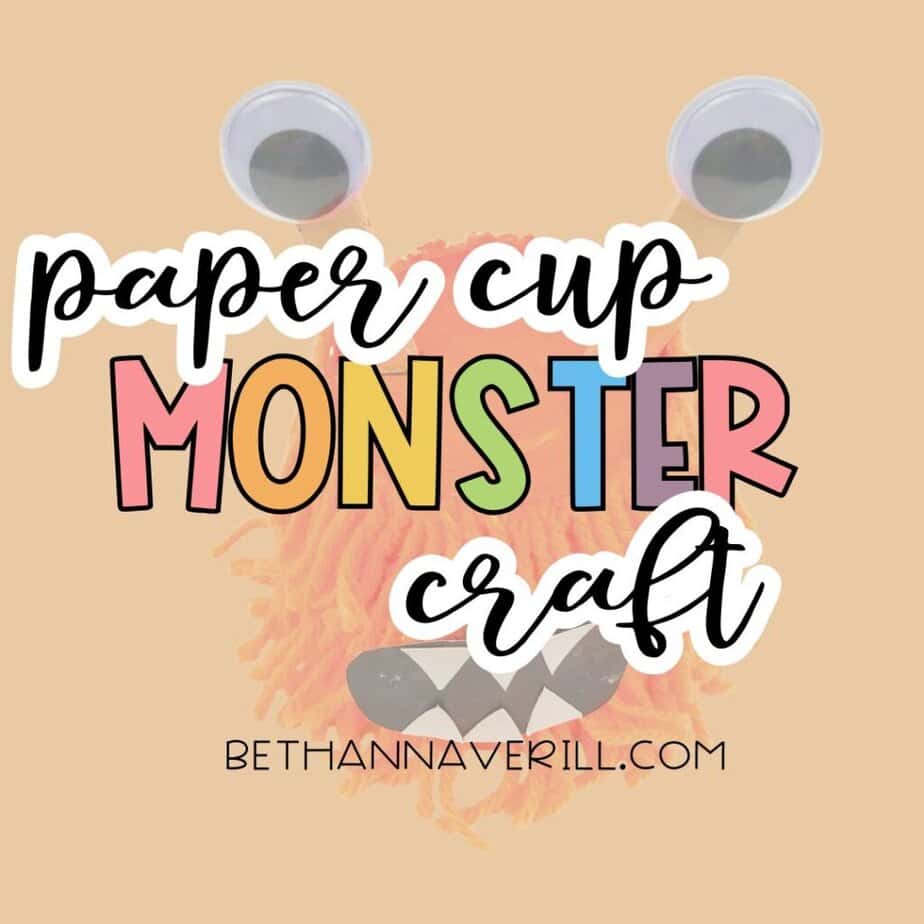 “Paper Cup Monster Craft” is written over a photo of a fuzzy orange monster with googly eyes made from a paper cup. Encourages a fun and creative Halloween-themed kids' activity.