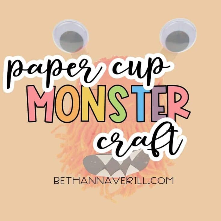 “Paper Cup Monster Craft” is written over a photo of a fuzzy orange monster with googly eyes made from a paper cup. Encourages a fun and creative Halloween-themed kids' activity.