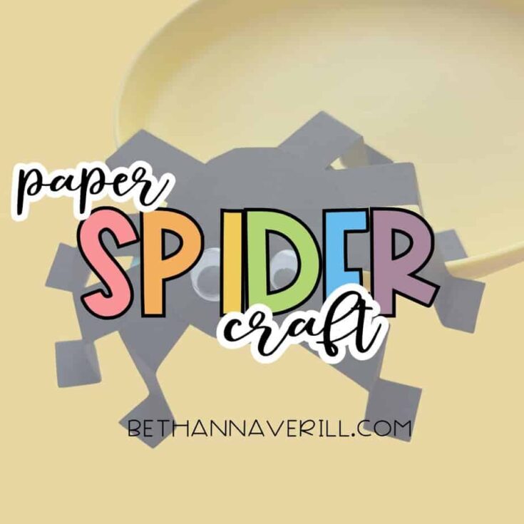 “Paper Spider Craft” overlays an image of a black spider made from paper with googly eyes, set on a light yellow background. Promotes a spooky Halloween-themed activity for kids.