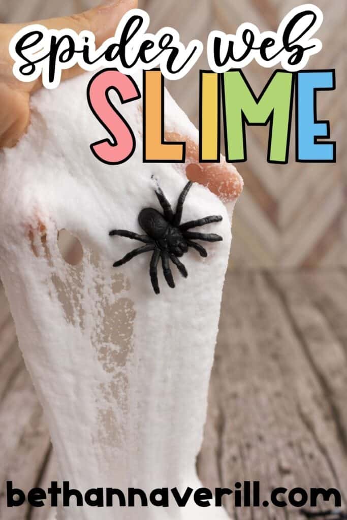 A hand holding a stretchy, foamy white slime with a plastic spider pressed into it. The colorful text “Spider Web Slime” overlays the top portion, and the website name is at the bottom.