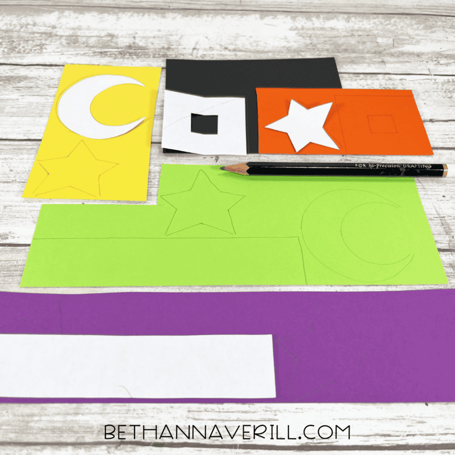 Templates for moon, star, square, and rectangle shapes drawn on colorful paper.