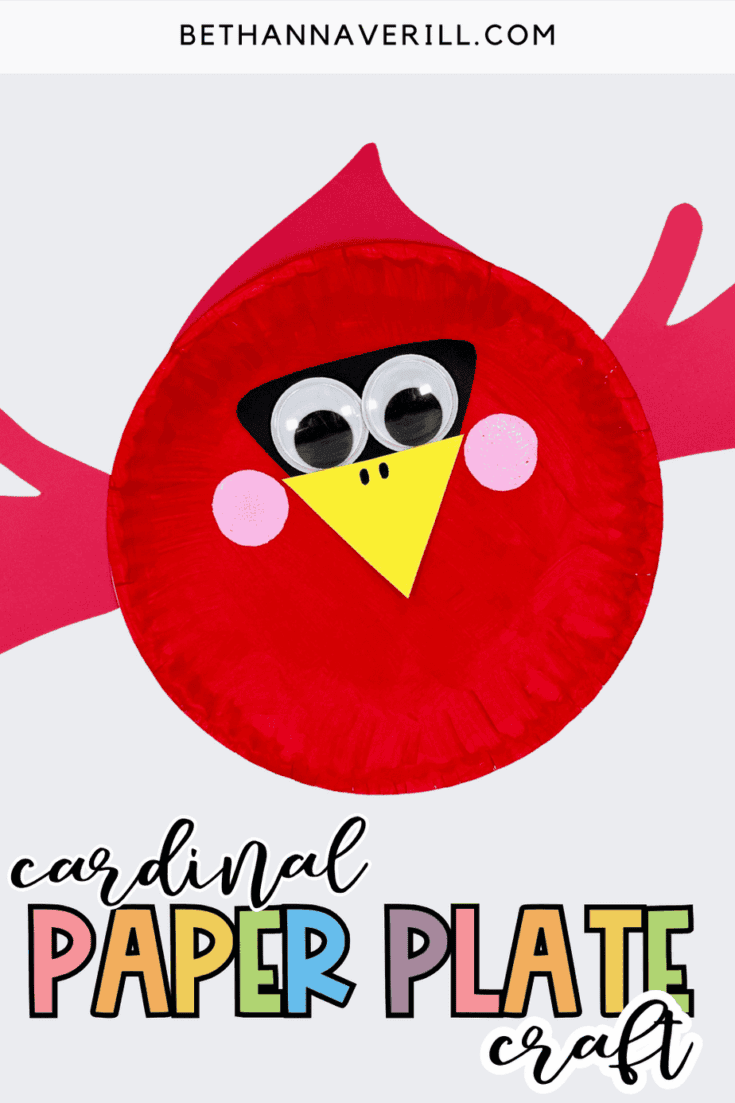 A finished cardinal paper plate craft with colorful “Cardinal Paper Plate Craft” text overlay and the website URL at the top.