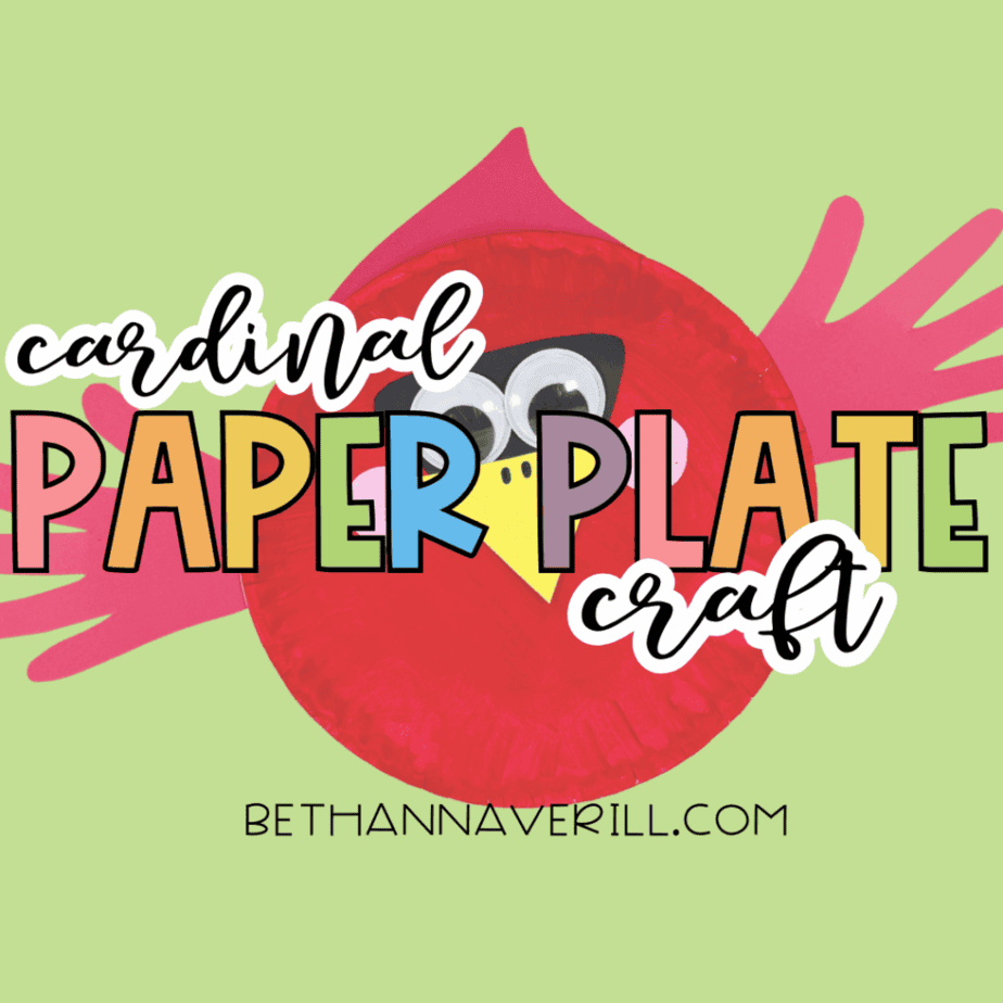 A square promotional image of the finished cardinal craft with “Cardinal Paper Plate Craft” text in rainbow letters and the website URL underneath.