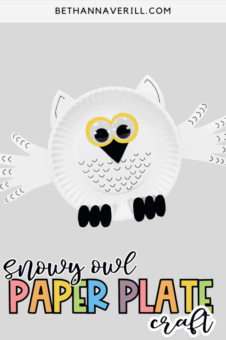 Paper plate snowy owl craft with handprint wings, yellow eye rings, and black cardstock details on a gray background.
