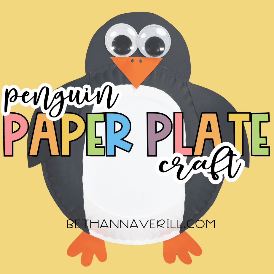 Paper plate penguin craft displayed on a yellow background with “penguin paper plate craft” text overlaid in colorful letters.