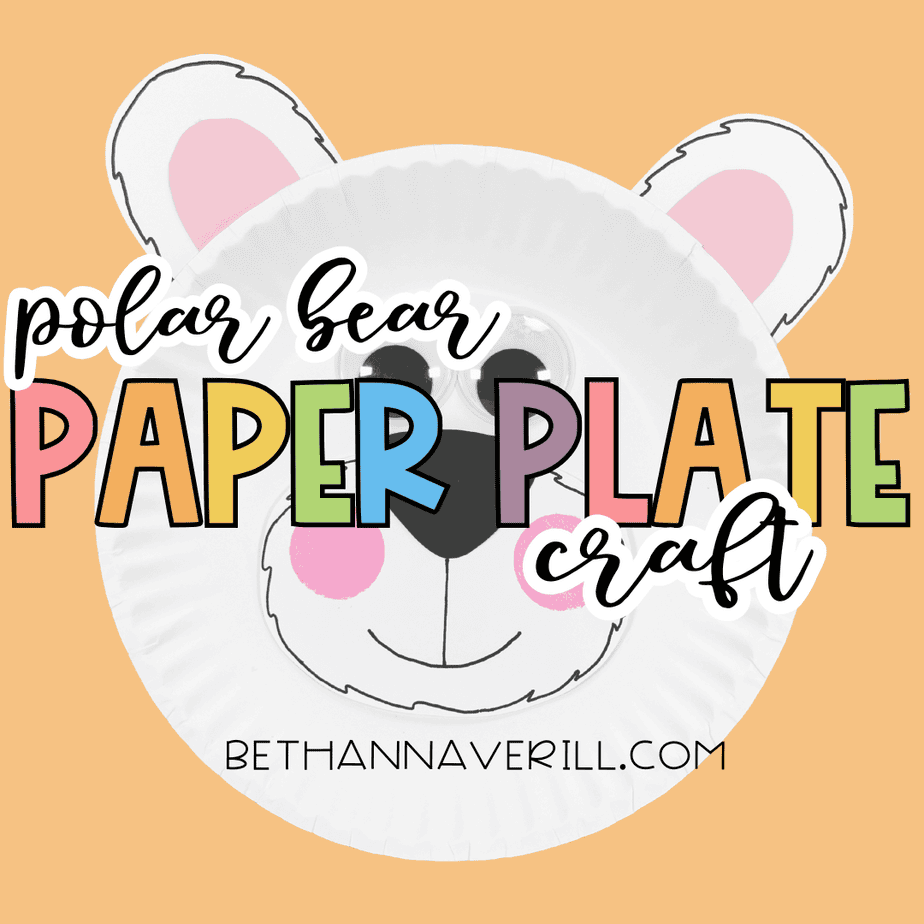 A finished polar bear paper plate craft with big eyes and pink cheeks on a peach-colored background with the text “Polar Bear Paper Plate Craft.”