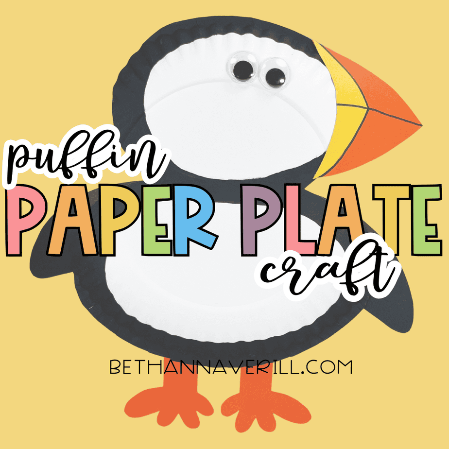 A colorful promotional graphic featuring a completed puffin paper plate craft with black wings, orange feet, a bright beak, and googly eyes, set against a yellow background with the text ‘Puffin Paper Plate Craft’ in bold rainbow letters.