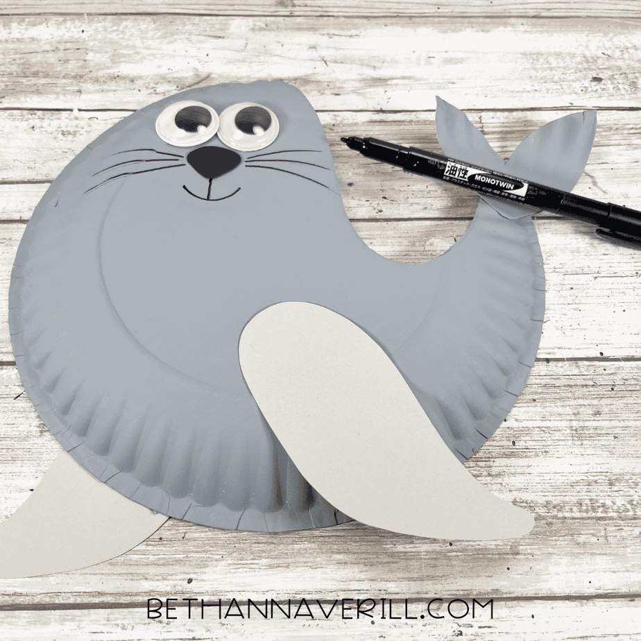 Close-up of the seal craft with final face details drawn in black marker, including whiskers and a smile.