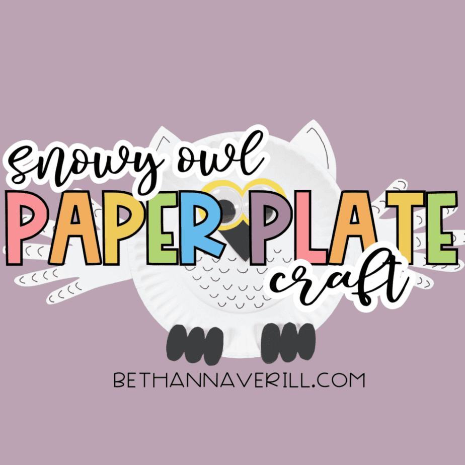 Snowy owl paper plate craft displayed on a purple background with colorful text reading “Snowy Owl Paper Plate Craft.”