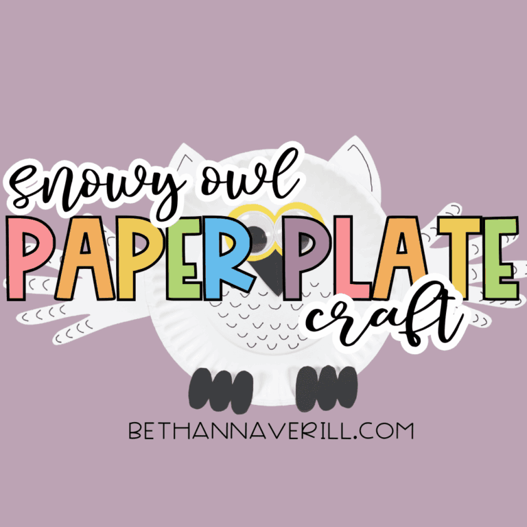 Snowy owl paper plate craft displayed on a purple background with colorful text reading “Snowy Owl Paper Plate Craft.”