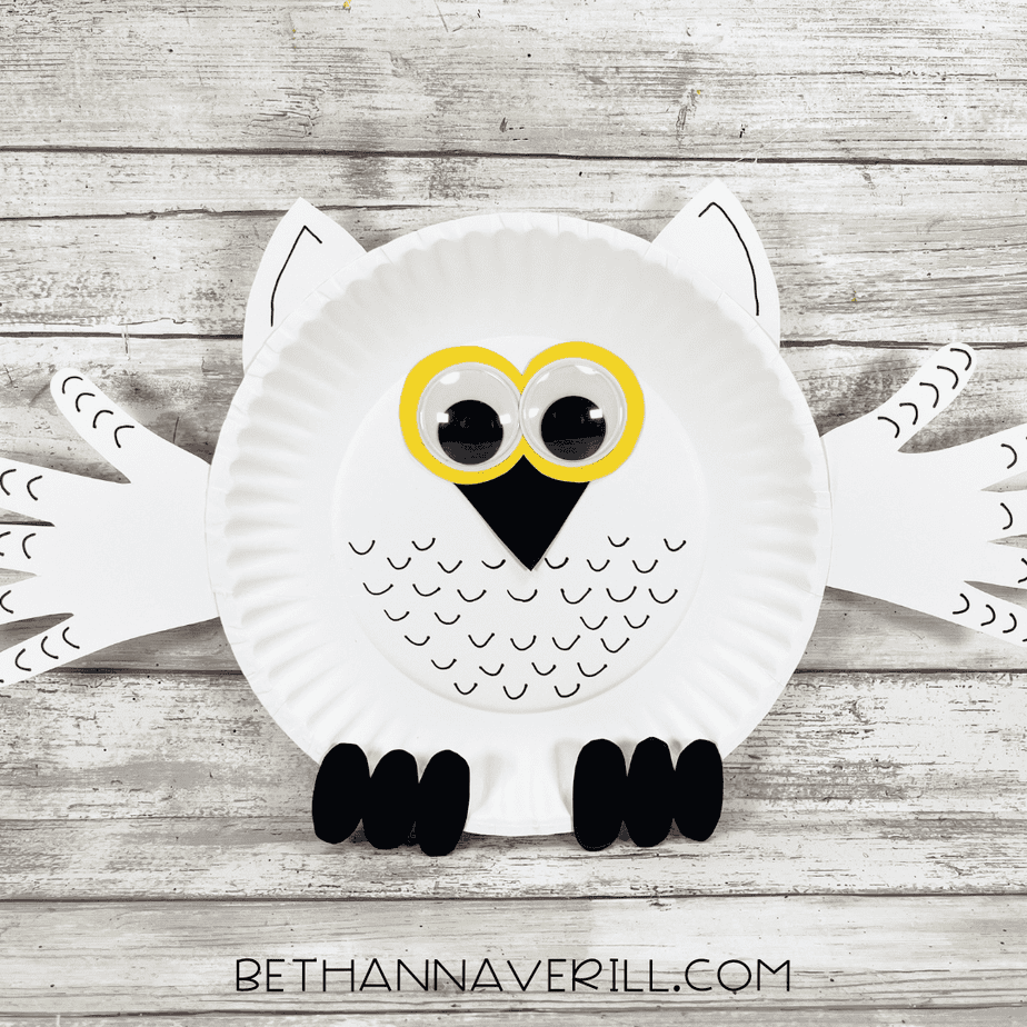 Completed snowy owl paper plate craft with handprint wings, big googly eyes, yellow eye rings, and black feather details.