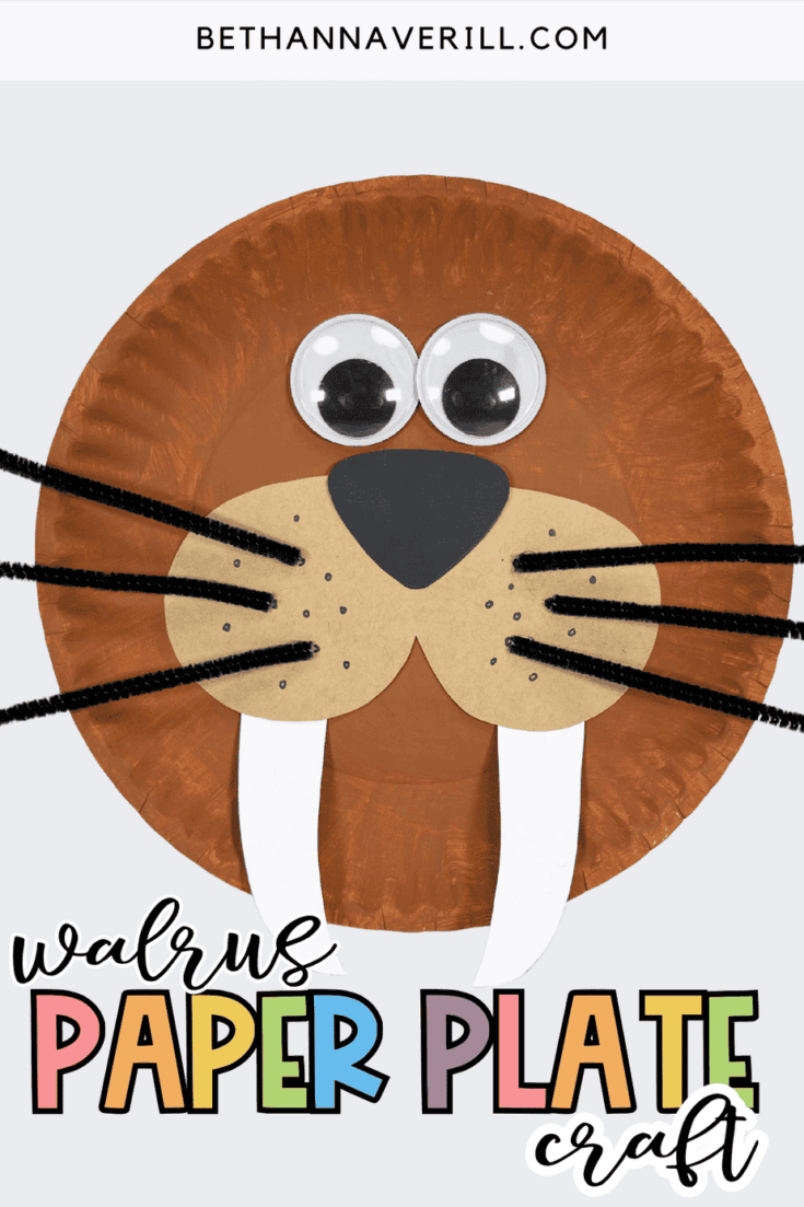 Walrus paper plate craft shown on a light background with colorful “walrus paper plate craft” text overlay for a blog title image.
