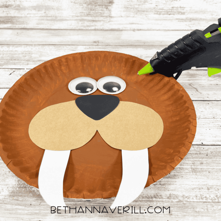 Googly eyes added to the walrus paper plate craft above the muzzle and nose.